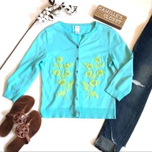 Garnet Hill Aqua Blue Floral Embroidered Cardigan